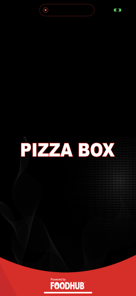 Schermata di benvenuto per l'app Pizza Box Whitehall con il nome del marchio e il logo Foodhub