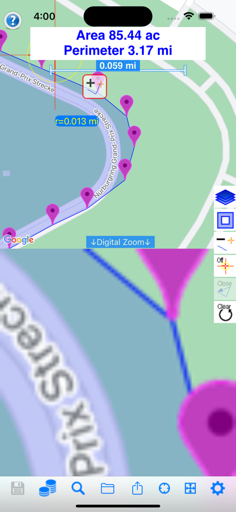 Land Measure Pro app interface showing area and perimeter measurements on a map