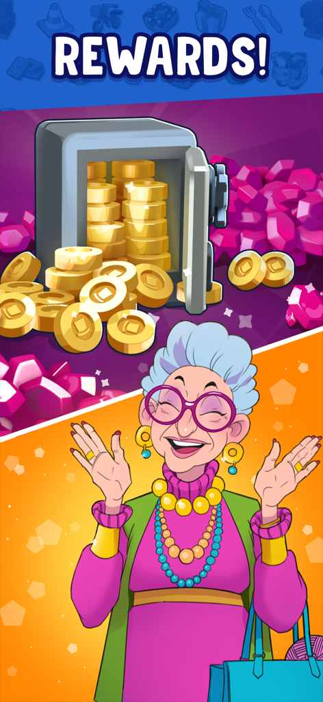 Un personnage joyeux de Merge Mayor célébrant des récompenses avec un coffre-fort rempli de pièces d'or et des tas de gemmes roses