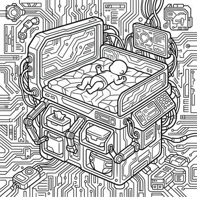 Step into a fascinating blend of infant care and futuristic design with this unique Cyberpunk Changing Table coloring page. This intricate scene invites you to imagine a high-tech nursery in a neon-lit metropolis.