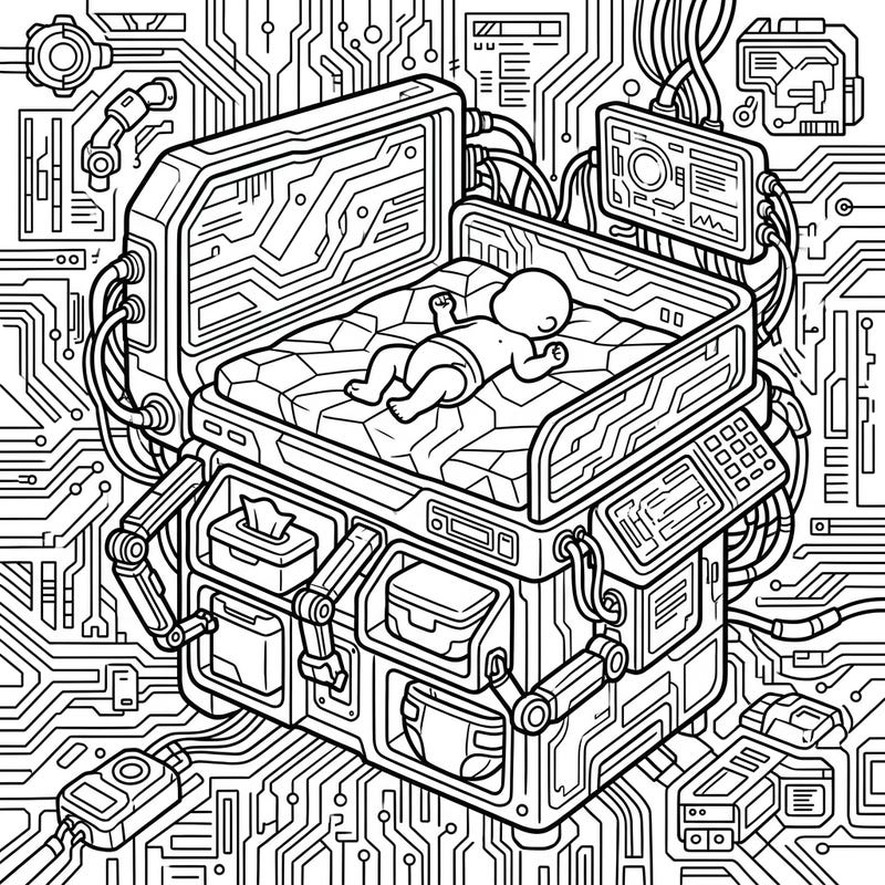 Step into a fascinating blend of infant care and futuristic design with this unique Cyberpunk Changing Table coloring page. This intricate scene invites you to imagine a high-tech nursery in a neon-lit metropolis.