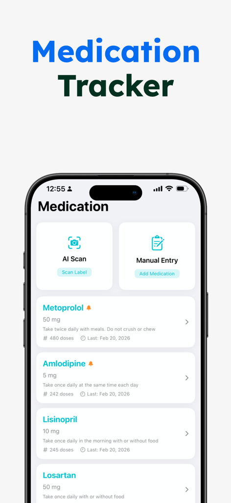 Interface du traqueur de médicaments de l'application Blood Pressure Kit montrant une liste de médicaments et des instructions de dosage