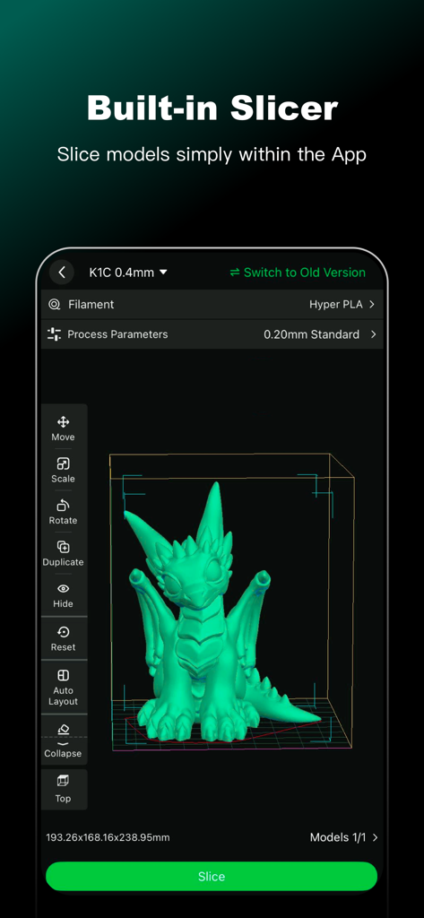 Creality Cloud - 3D Printing - A mobile app interface from Creality Cloud showing a 3D dragon model being prepared for printing with the built-in slicer tool.
