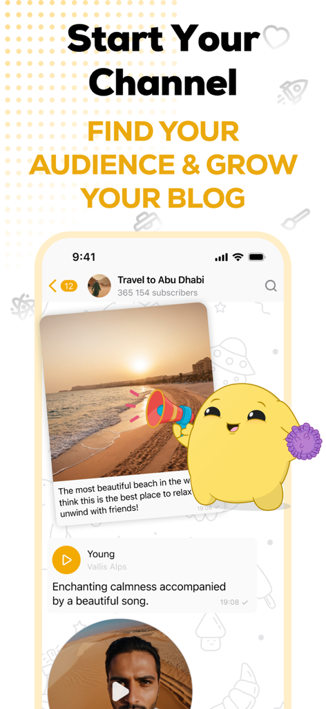 Tawasal SuperApp - Screenshot of Tawasal SuperApp showing how to start a channel and grow a blog with a sample travel channel