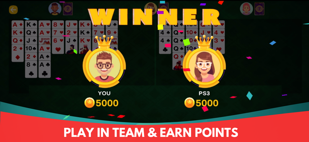 A celebratory winner screen in the Bukharo card game app showing two teammates winning 5000 points