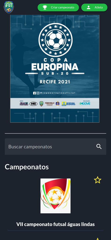 iFut - Main screen of iFut app showing soccer tournament banners and a search option for leagues