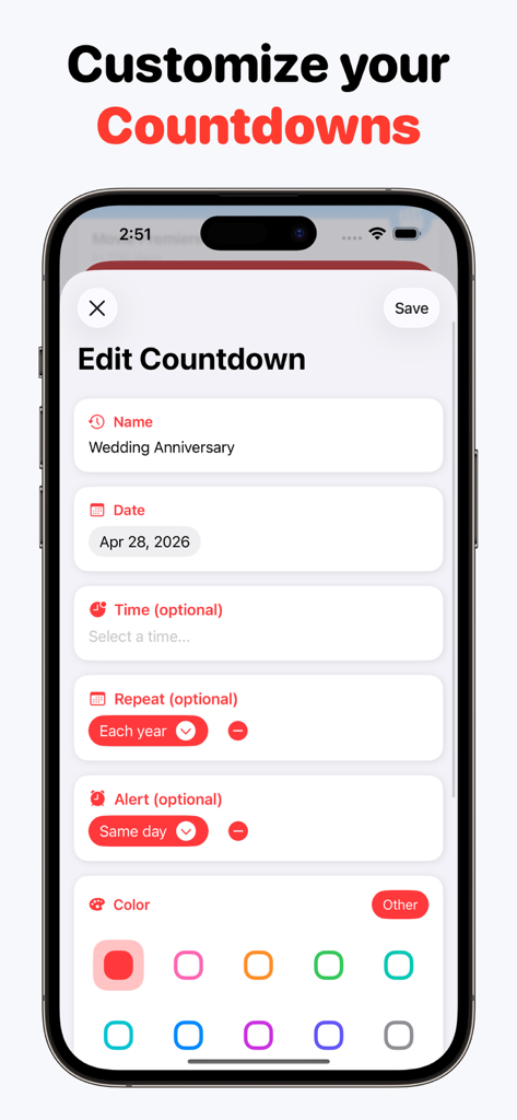 Countdown Widget: Day count - Ein Bildschirm zur Anpassung eines Countdown-Ereignisses mit Optionen für Datum, Wiederholung und Themensfarben.
