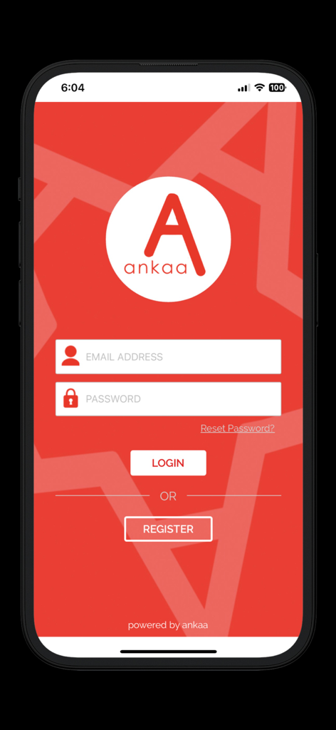 ankaa - Ankaa app login interface for maritime professionals featuring email and password input fields on a red background.