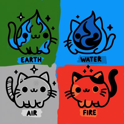 4 cats that represent the different elements, earth, water, air, and fire