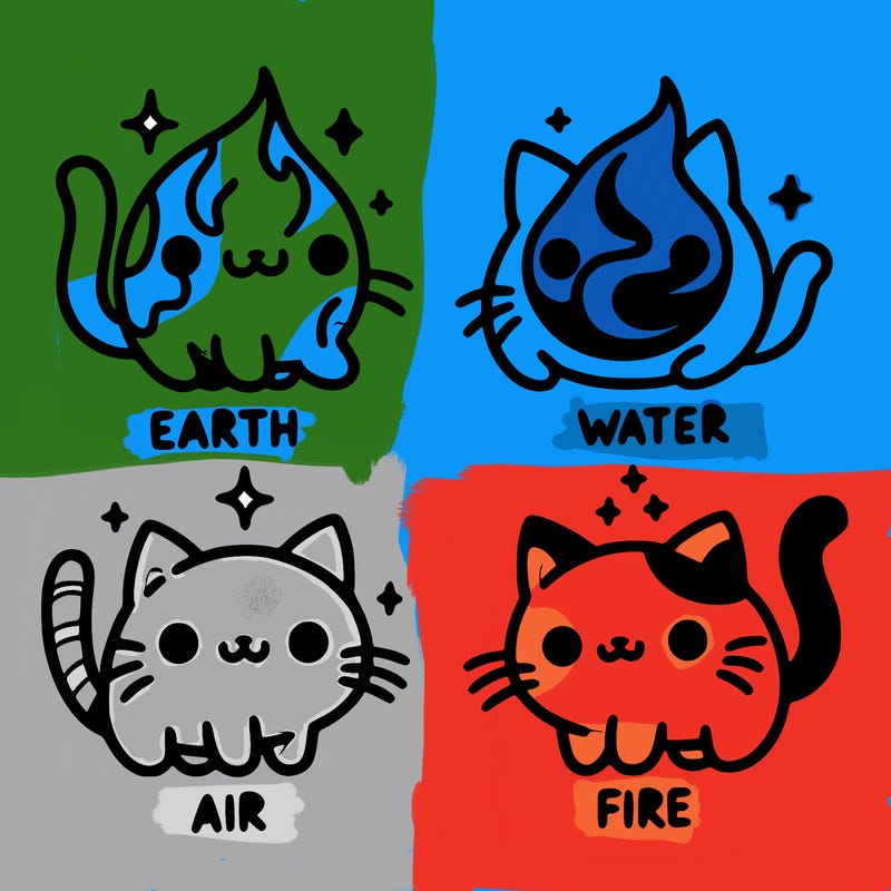 4 cats that represent the different elements, earth, water, air, and fire