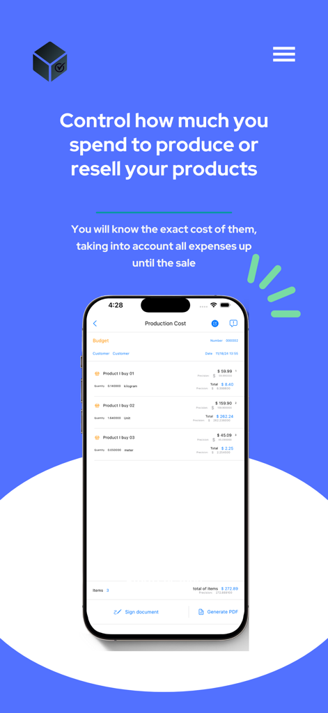 Oberfläche der Produktionskosten-App, die ein detailliertes Budget mit einzeln aufgeführten Materialkosten und Gesamtausgaben auf einem iPhone zeigt