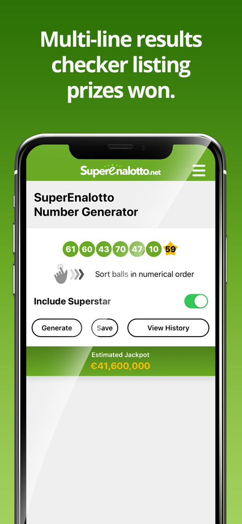 Mobile app screen showing the SuperEnalotto number generator tool with a set of lottery numbers and current jackpot
