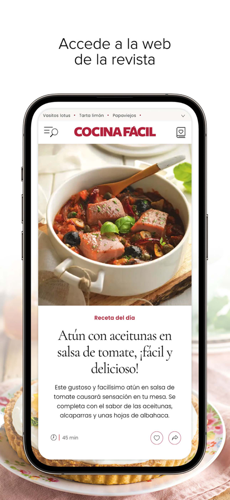 Cocina Fácil revista - Smartphone screen displaying the Cocina Facil magazine app with a tuna and olives recipe in Spanish