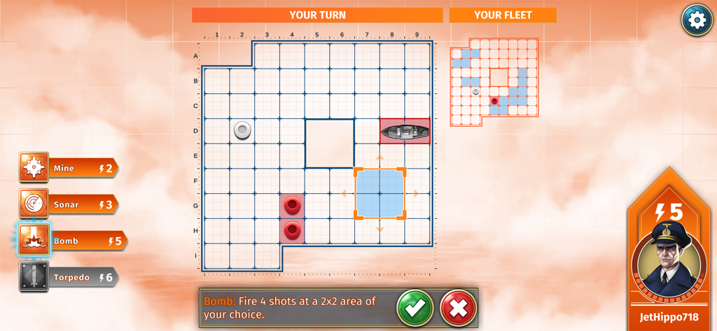 Pantalla de juego de la aplicación Battle Grid Companion mostrando el tablero de puntería y las habilidades especiales del comandante para Battleship en Nintendo Switch
