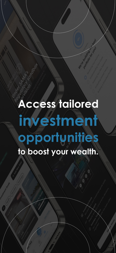 Akasia | اكاسيا - Promotional screen for the Akasia app highlighting tailored investment opportunities to boost wealth.