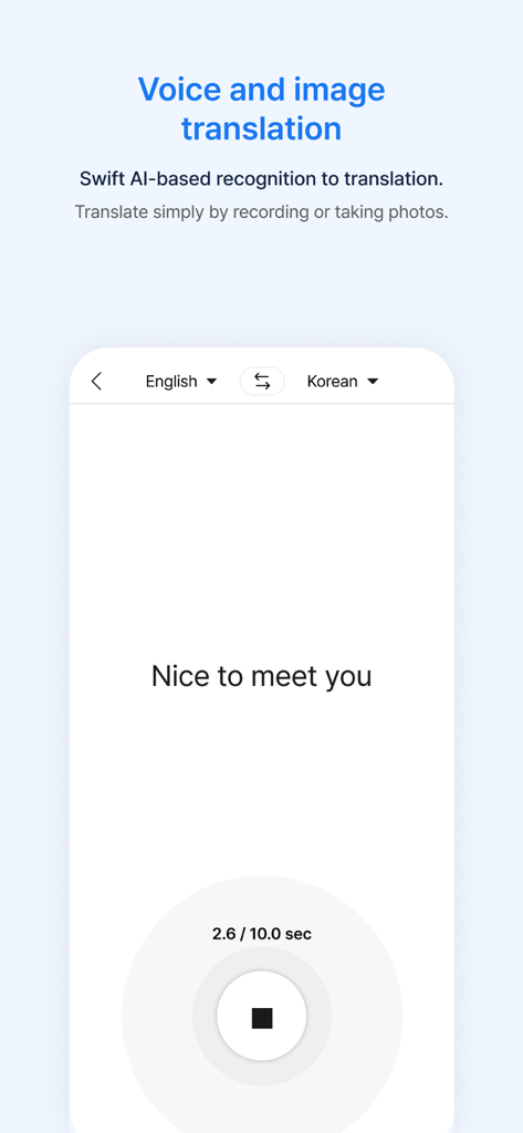Interfaz de la aplicación Flitto mostrando traducción de voz de inglés a coreano