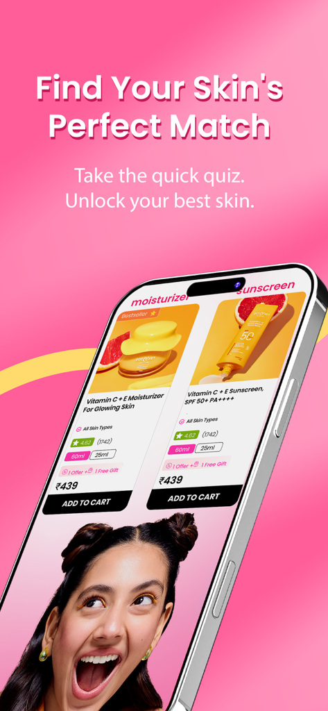 Dot & Key Skincare Shopping - Pantalla de smartphone que muestra la interfaz de la aplicación Dot and Key con un cuestionario de correspondencia de piel y productos de cuidado de la piel con Vitamina C