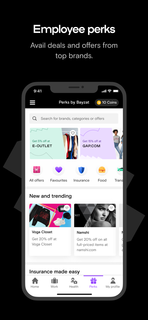 A screenshot of the Bayzat app showing the employee perks section with deals and offers from brands like Gap and Namshi
