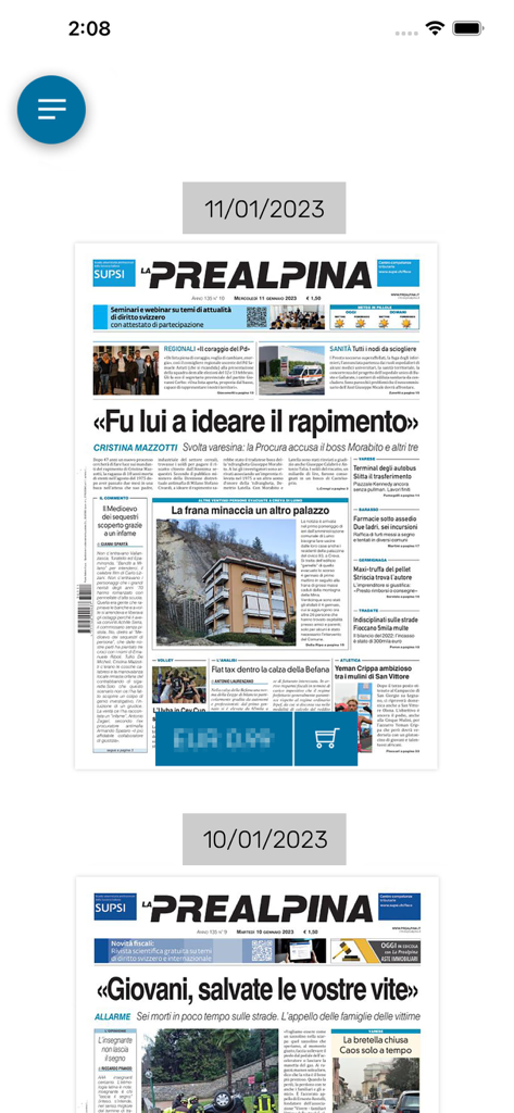 Prealpina - Digital edition of the Prealpina newspaper displayed on a mobile app interface.