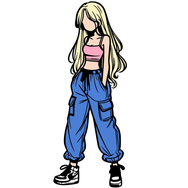 girl in baggy pants crop top and long hair
