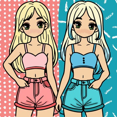 two sisters with crop tops and jean shorts and straight hair