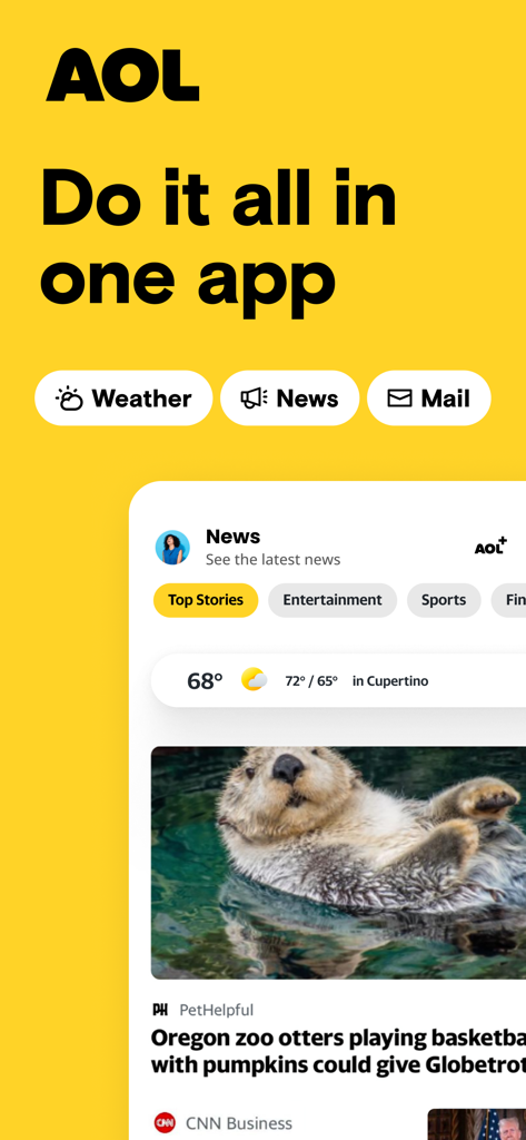AOL Mail, News, Weather - AOL mobile app interface displaying integrated mail news and weather features