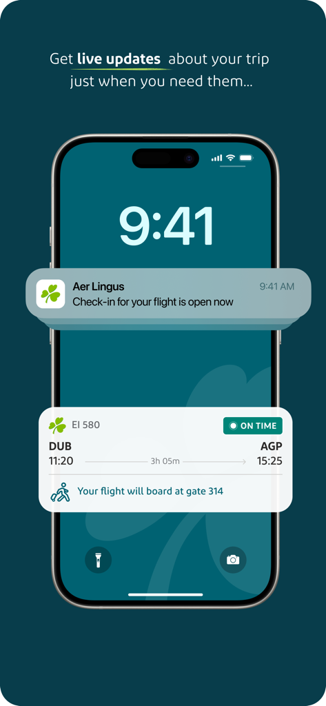 Aer Lingus app showing live flight status and check-in notifications on a smartphone lock screen