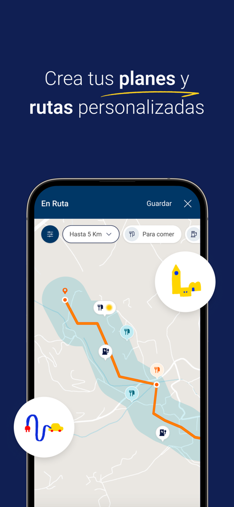 Aplicación Guía Repsol mostrando rutas de viaje personalizadas y ubicaciones de restaurantes