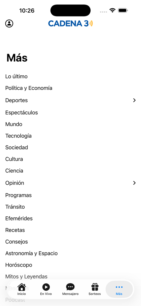 The More menu screen of the Cadena 3 app showing a list of news and entertainment categories