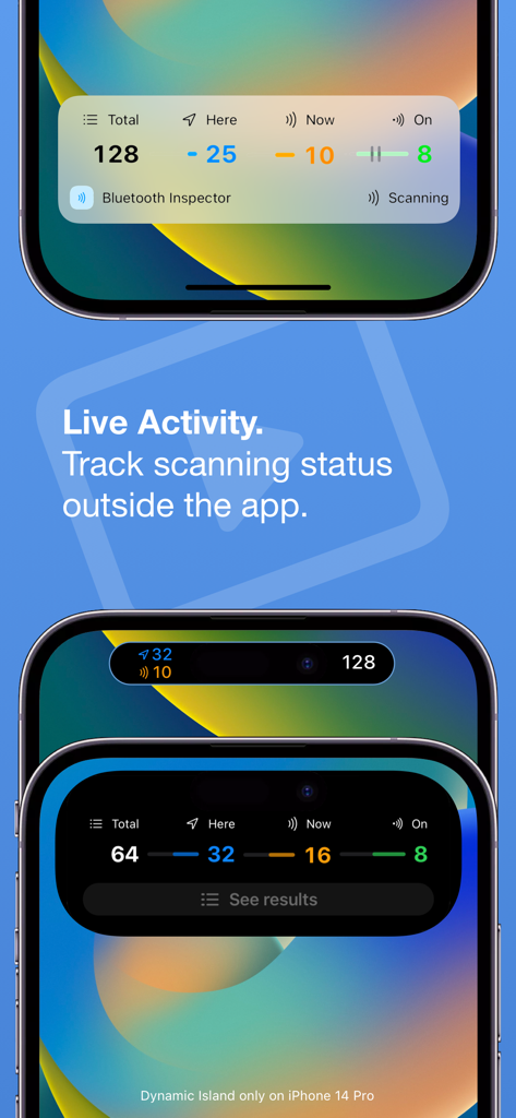 Bluetooth Inspector - Bluetooth Inspector app tracking scanning status with Live Activity and Dynamic Island on iPhone