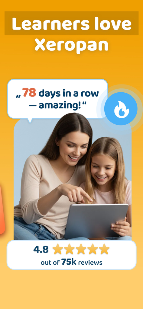 Xeropan: Learn languages - Pantalla promocional de la aplicación Xeropan que muestra una calificación de 4.8 estrellas de 75k reseñas y un testimonio de usuario sobre una racha de aprendizaje de 78 días