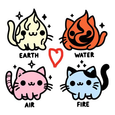 4 cats that represent the different elements, earth, water, air, and fire