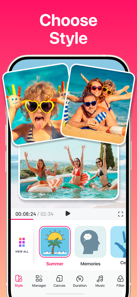 Slideshow Maker app interface showing the Choose Style screen with summer themed photo previews and family vacation images