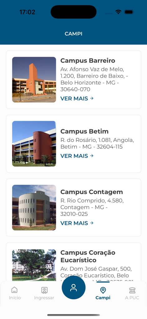 Una lista de campus universitarios con imágenes y direcciones dentro de la interfaz de la aplicación PUC Minas Móvil