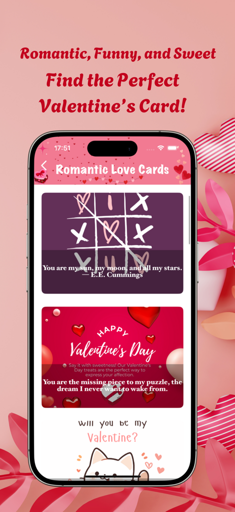 Valentine Day Cards - Romantic - Uma seleção de modelos de cartões digitais românticos e doces no aplicativo Cartões de Dia dos Namorados.