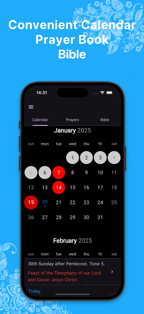 Aplicación Calendario Ortodoxo mostrando una vista mensual del calendario litúrgico con días de fiesta y pestañas de oración.