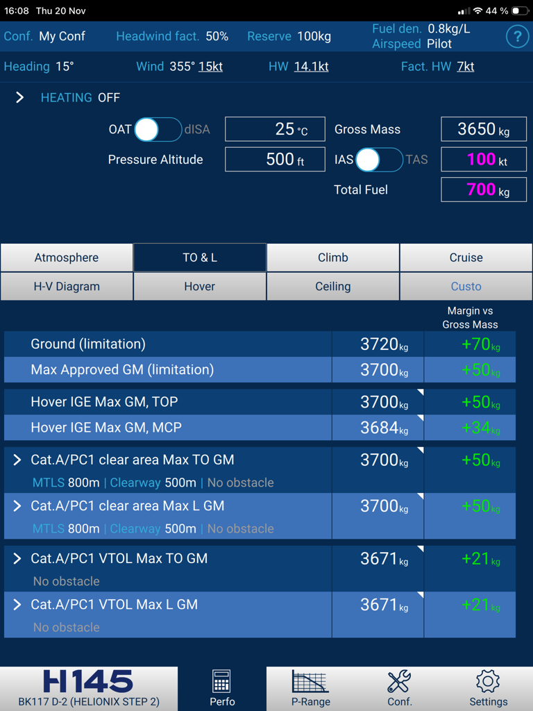 H145 Flight Perfo app interface displaying takeoff and landing performance calculations for BK117 helicopters.