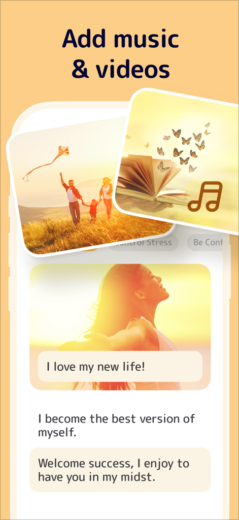 Vision Board Perfectly Happy - 個人の目標とポジティブなアファメーションに音楽とビデオを追加する方法を示すビジョンボードアプリのインターフェース。