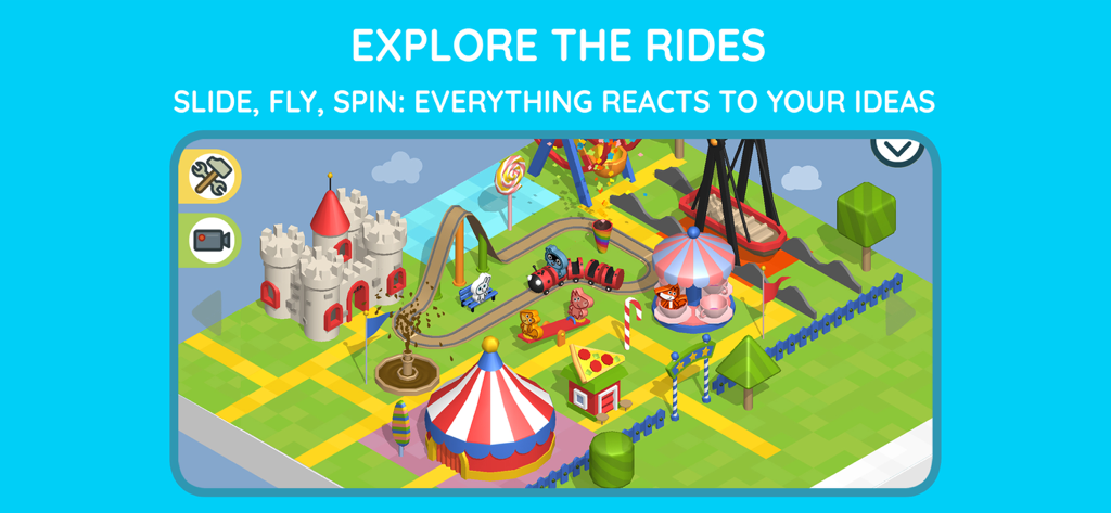 A colorful isometric view of a virtual theme park featuring a castle, circus tent, and rides created in the Pango Theme Park Builder app