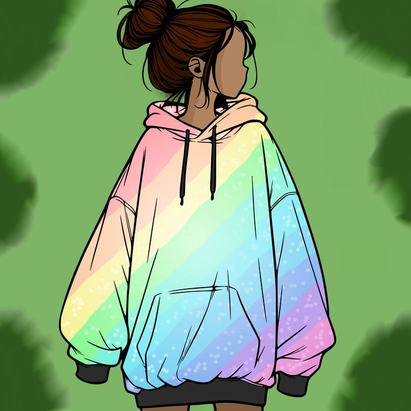 realistic girl with a oversized sweatshirt on and a bun