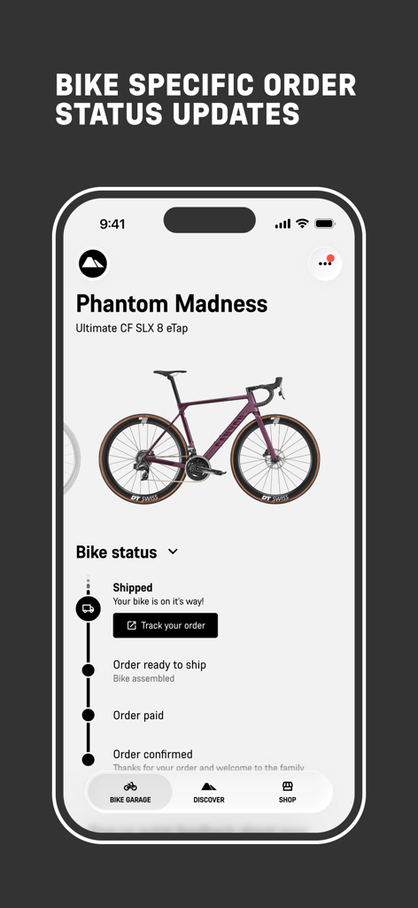 Canyon app interface displaying real-time order status and shipment tracking for a new bicycle
