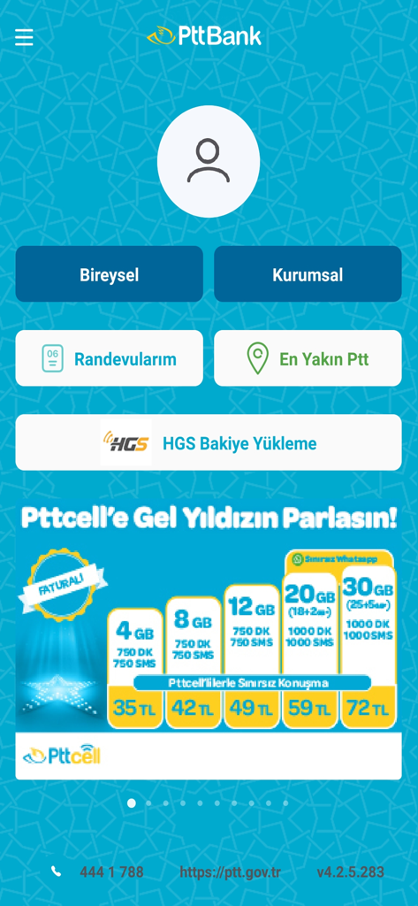 PTTBank mobile app home screen with individual and corporate login buttons and Pttcell data plan offers