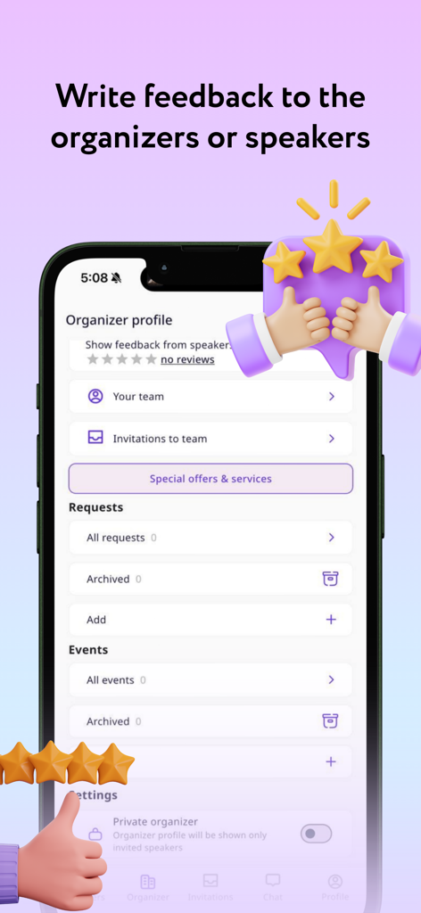 SpeakUp – Find & Book Speakers - SpeakUp app mobile screen showing the organizer profile with feedback and event management options.