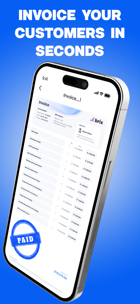 Invoice Creator, Receipt Maker - Professional invoice template on a mobile screen with a blue paid stamp.