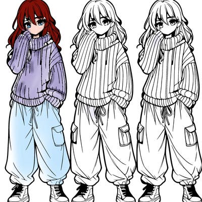 manga teen girl in baggy pants and a sweater