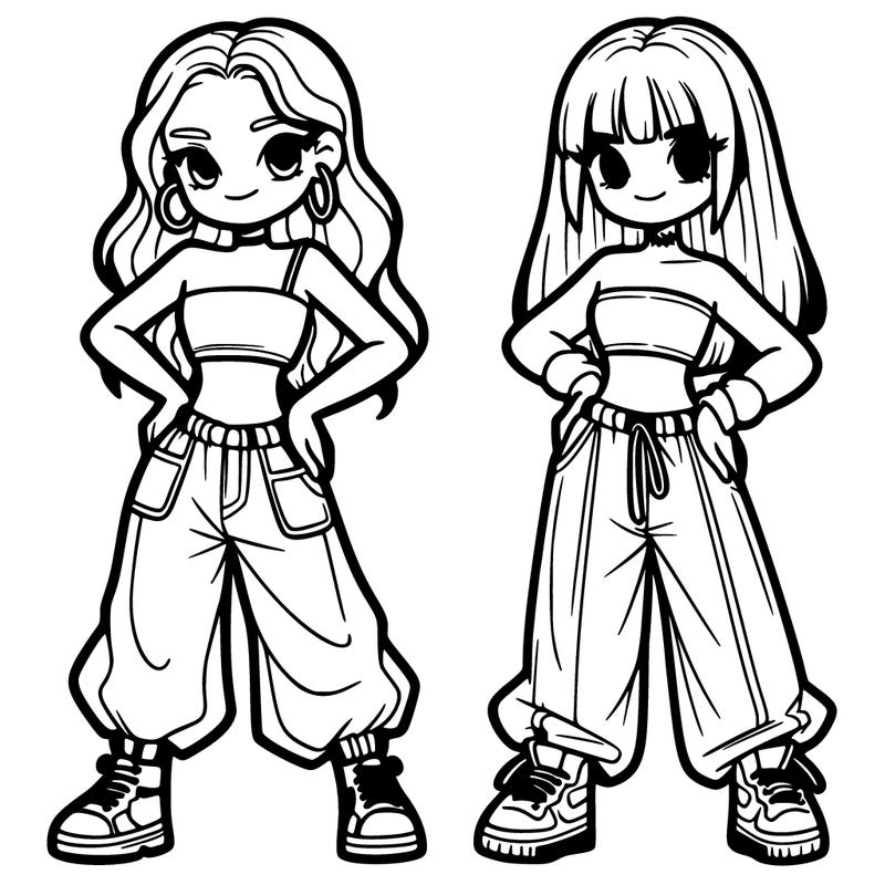 two girl in crop top and baggy pants