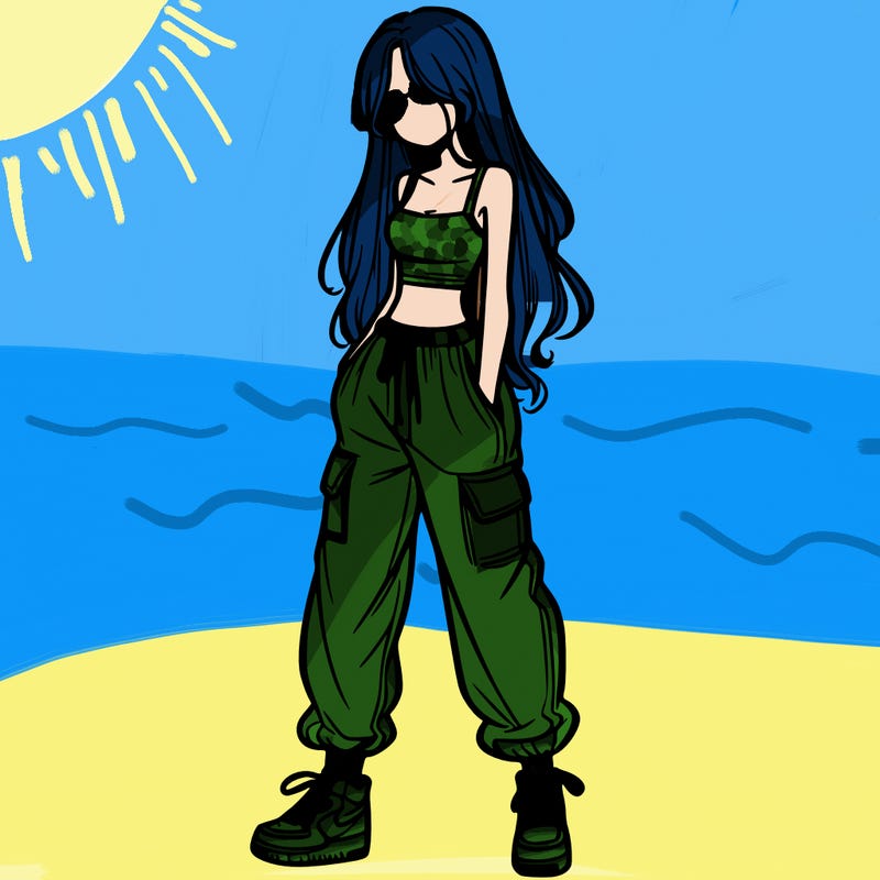 girl in baggy pants crop top and long hair