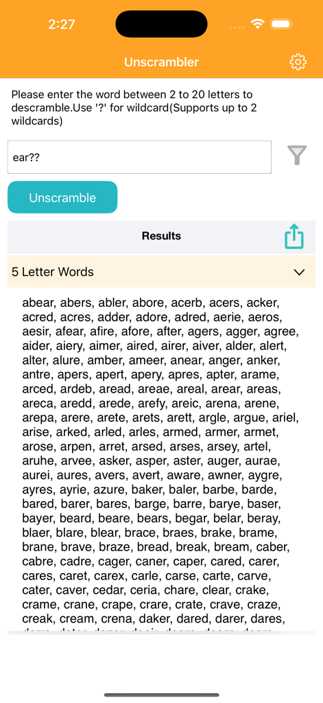Unscrambler-Word - Unscrambler-Word app interface showing a list of five letter word results from a wildcard search.
