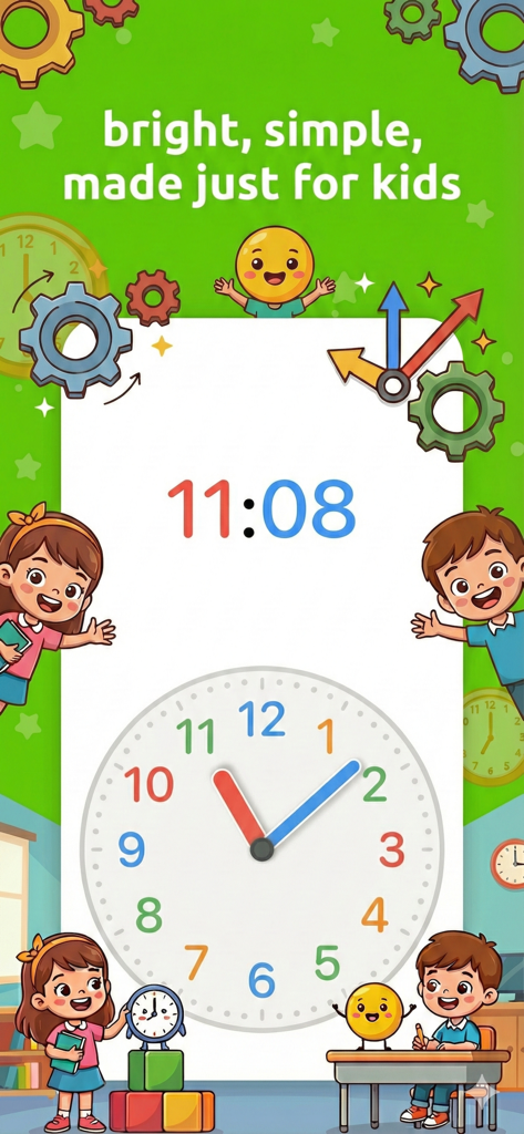 Telling Time For Kids App - Bright and simple interactive clock learning interface for kids showing analog and digital time.