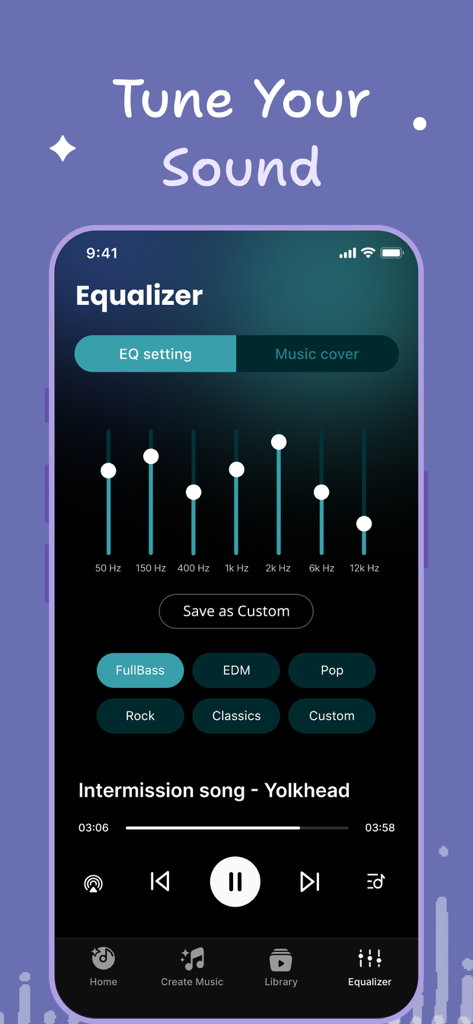 Interface de equalizador de áudio com controles deslizantes de frequência e predefinições de música no aplicativo Connect Headphones and Speaker